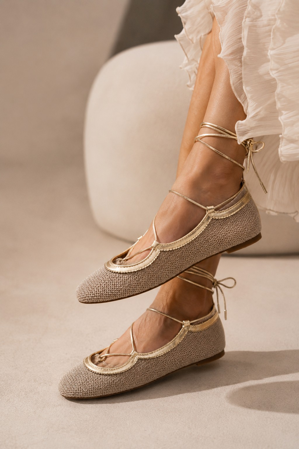Gold mesh lace-up ballet flats