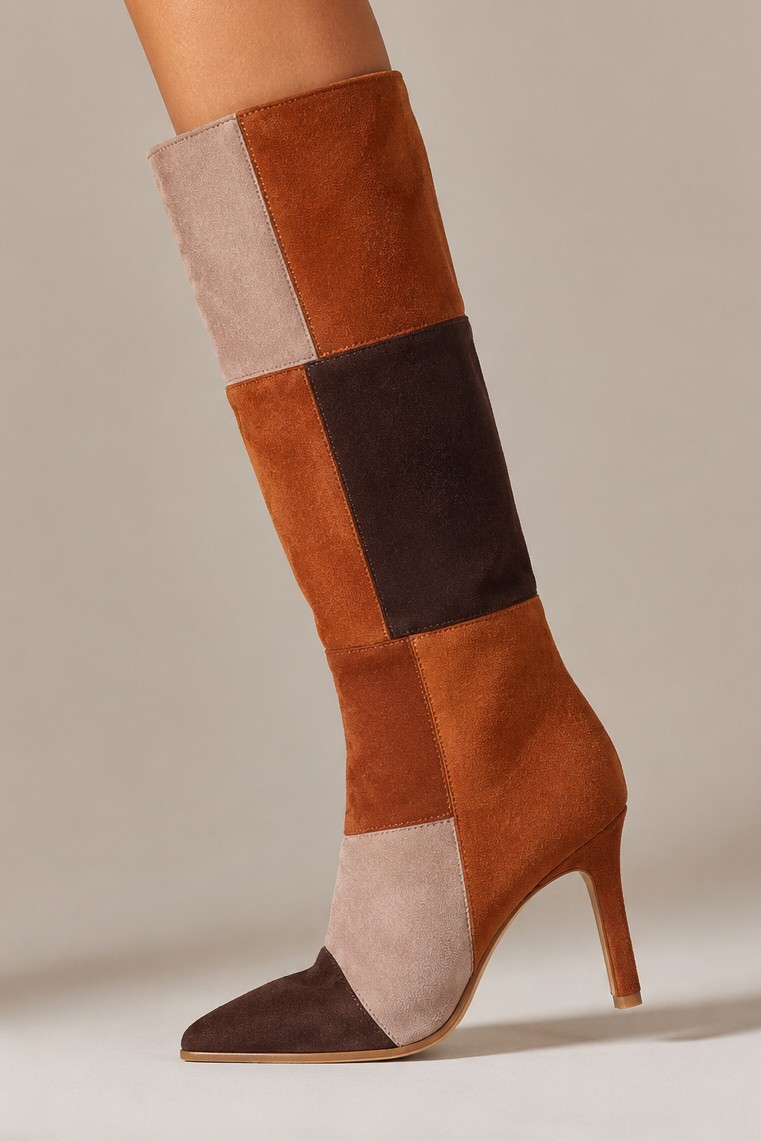 Patchwork suede knee-high stiletto boot in rust and brown