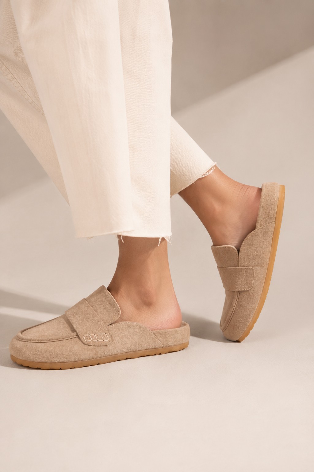 Taupe suede loafer mules with gum sole