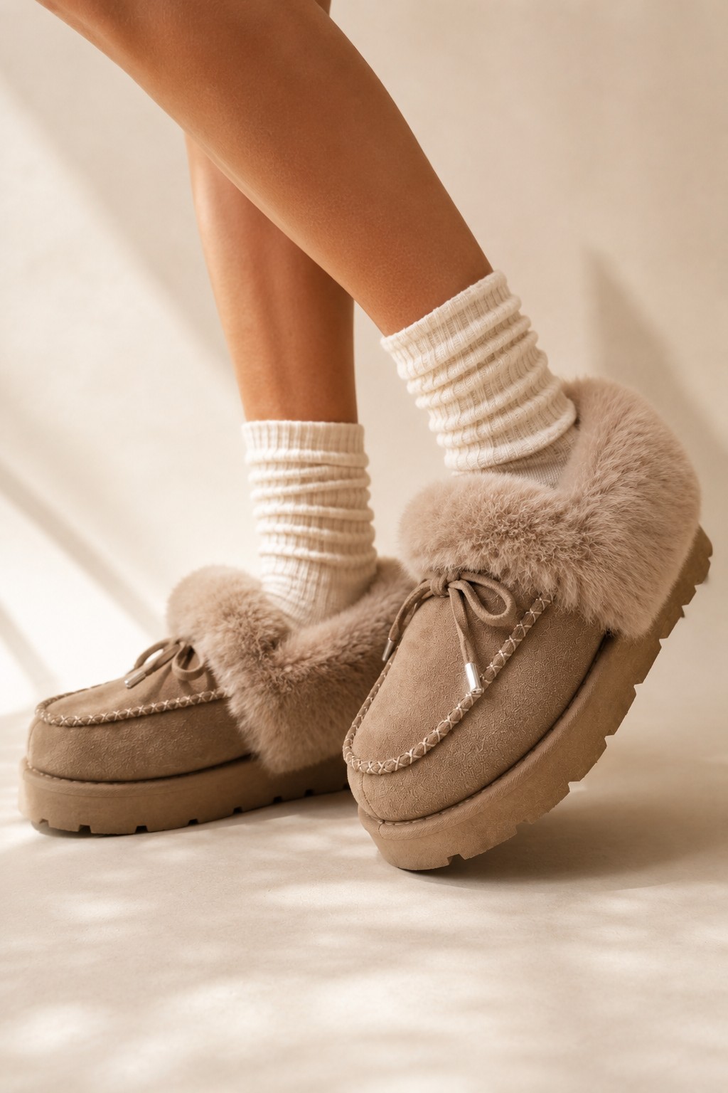 Taupe suede shearling-trim platform moccasin