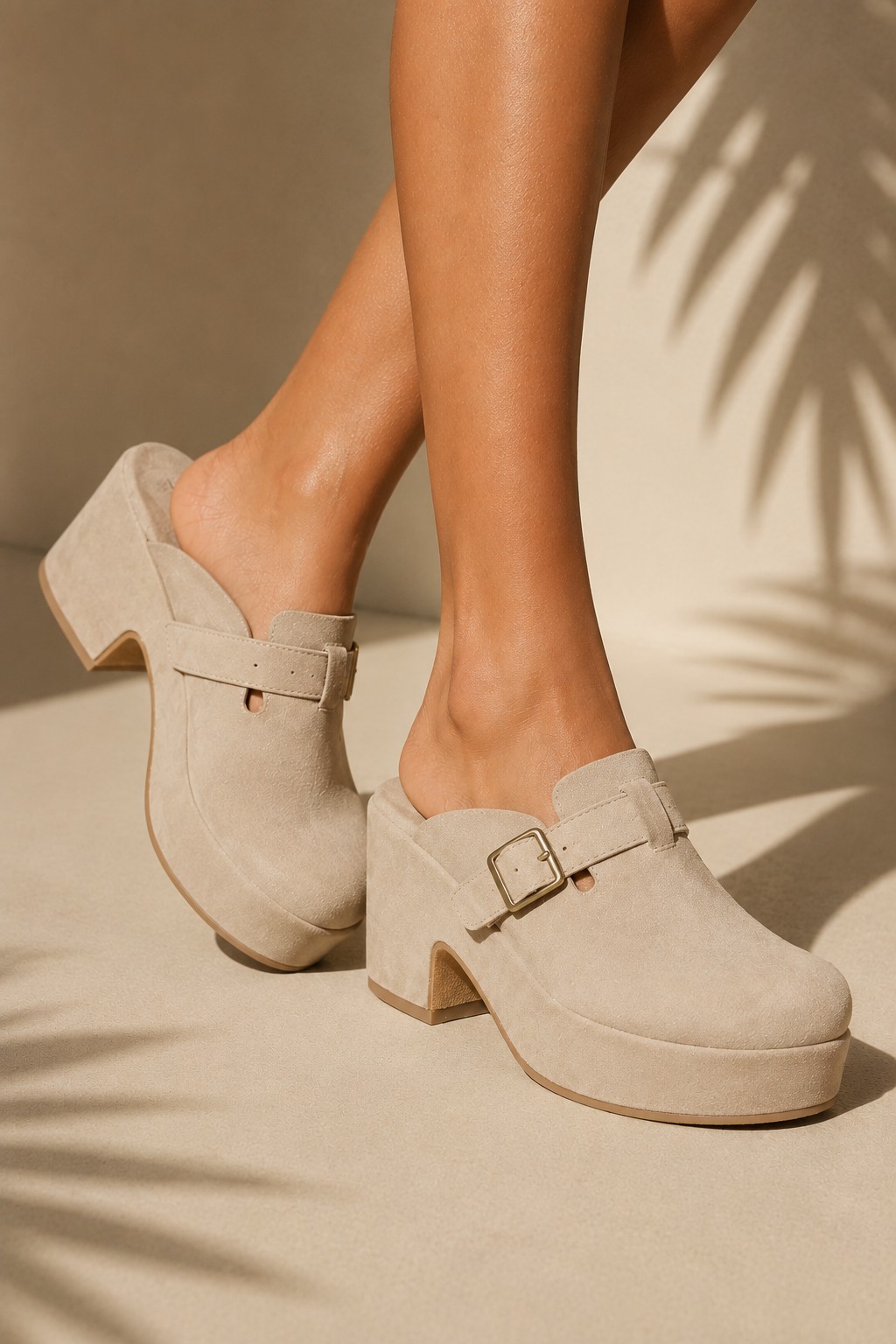 Beige suede platform clog heel with buckle strap
